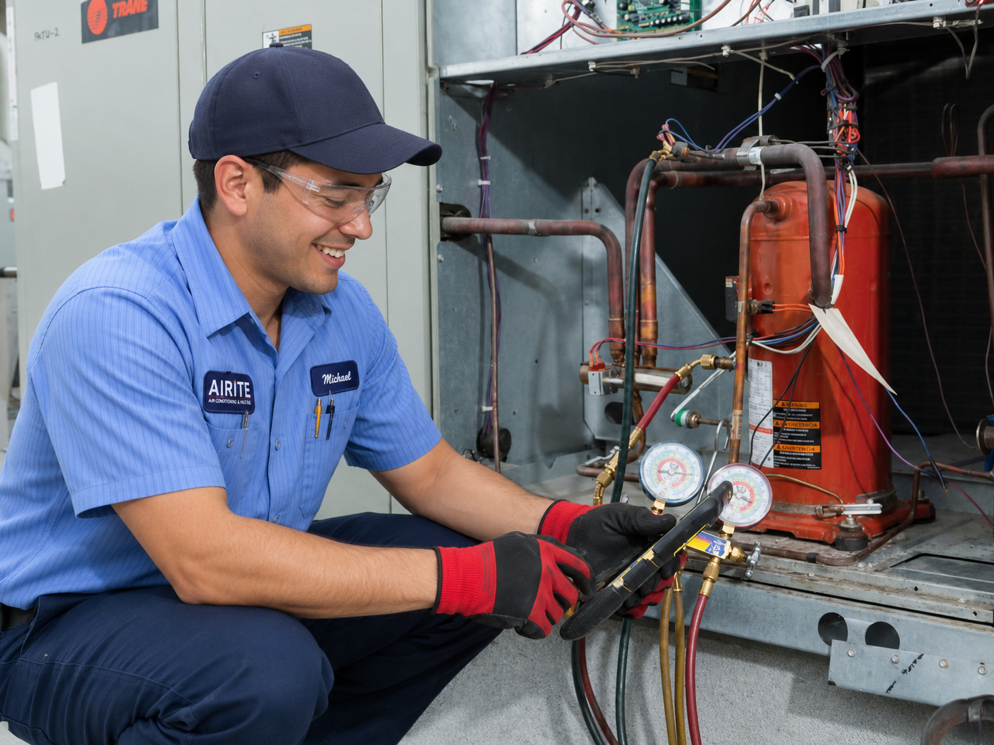 Commercial HVAC technician performing maintenance